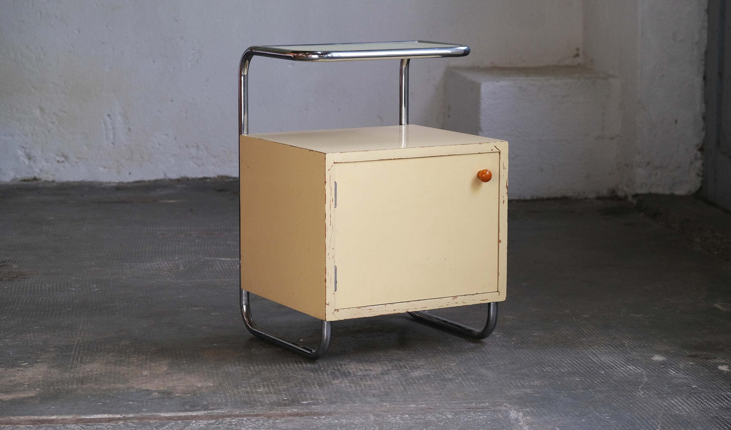 Vintage Nachttisch im Bauhaus Stil mit Glasplatte in cremeweiß