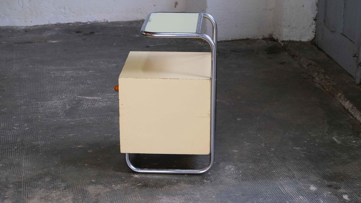 Vintage Nachttisch im Bauhaus Stil mit Glasplatte in cremeweiß