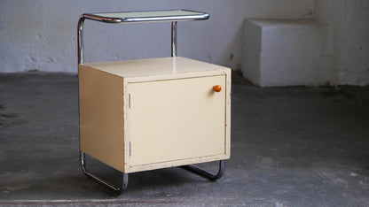 Vintage Nachttisch im Bauhaus Stil mit Glasplatte in cremeweiß
