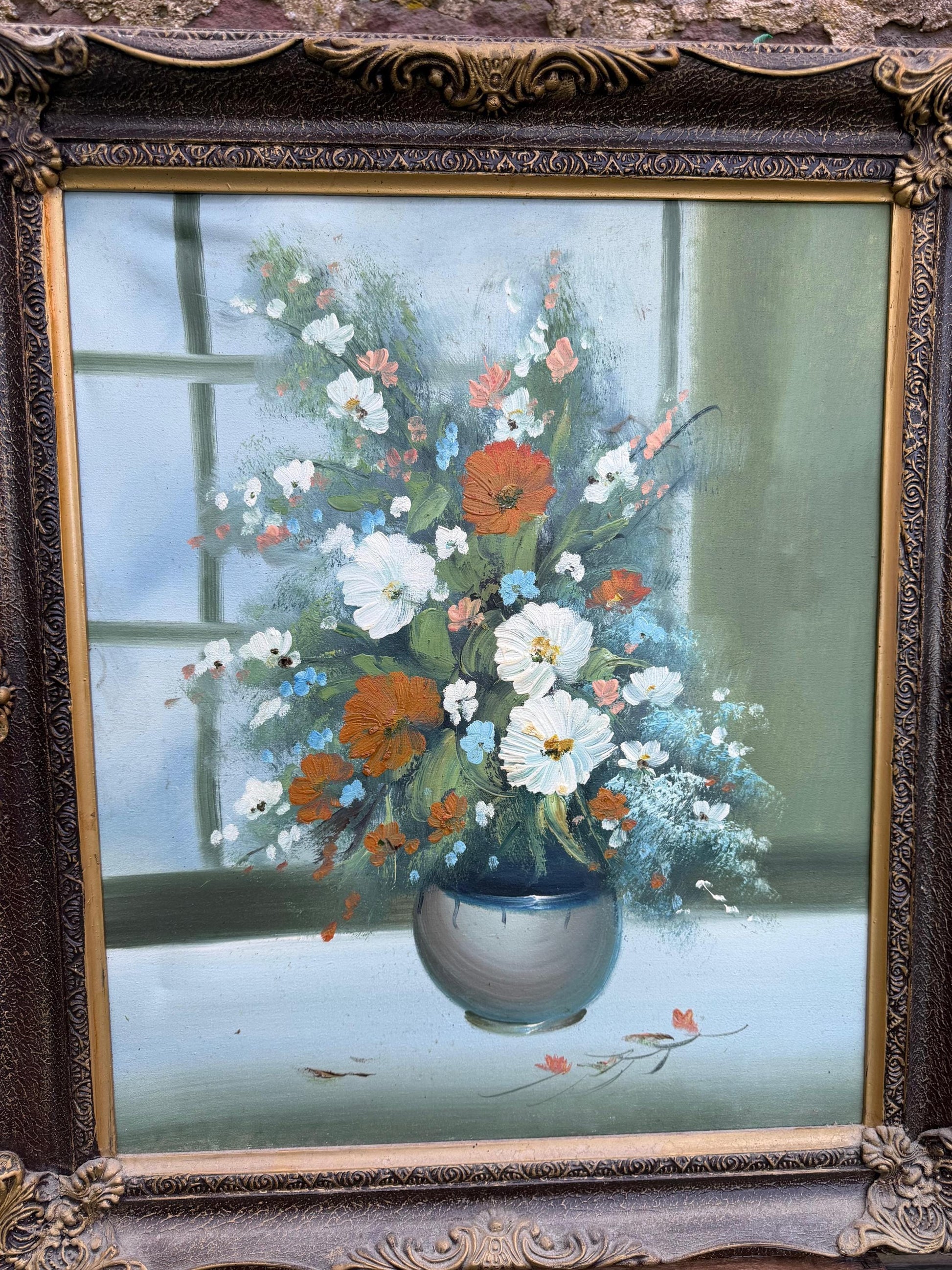 Vintage Blumenstillleben Ölgemälde in verziertem Goldrahmen