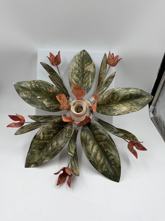 Vintage Toleware Deckenlampe im Florentiner Stil mit Metallblumen und Blättern
