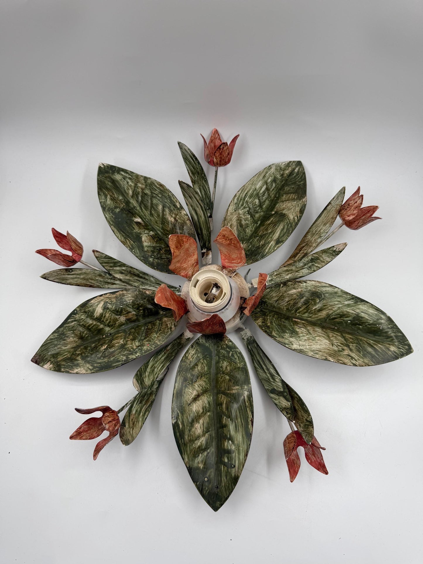 Vintage Toleware Deckenlampe im Florentiner Stil mit Metallblumen und Blättern