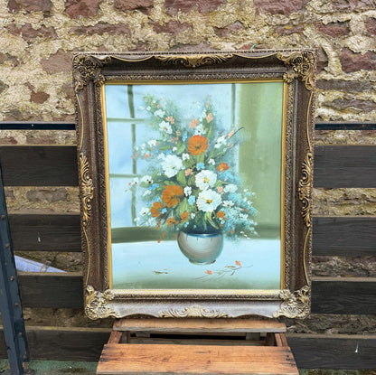 Vintage Blumenstillleben Ölgemälde in verziertem Goldrahmen