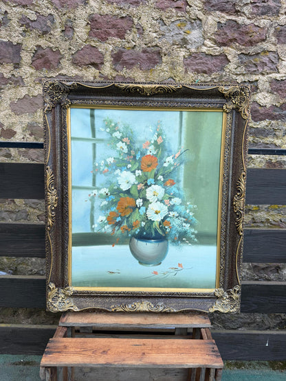 Vintage Blumenstillleben Ölgemälde in verziertem Goldrahmen