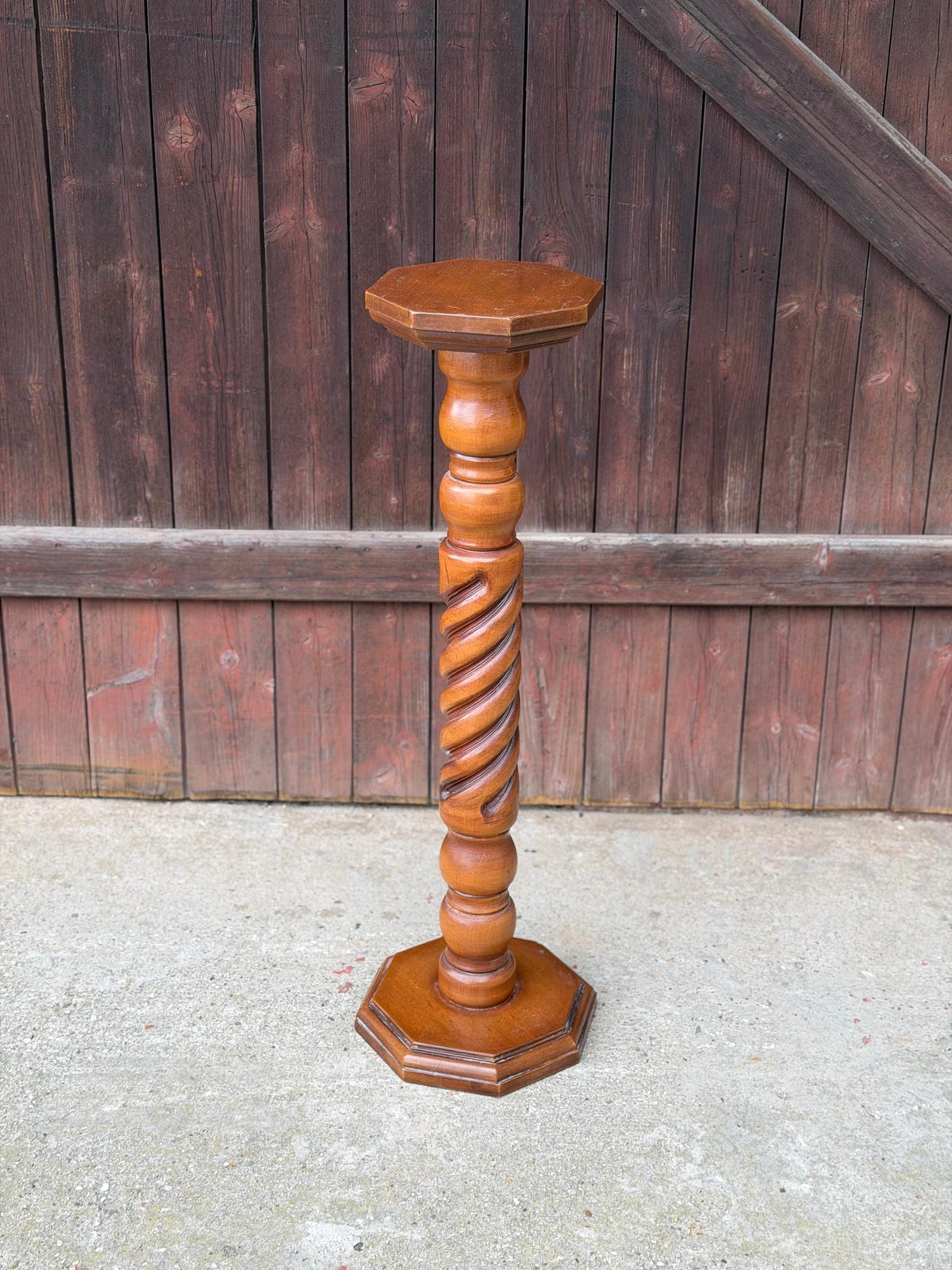 Vintage Blumenständer aus Massivholz mit gedrechselter Säule, 90 cm