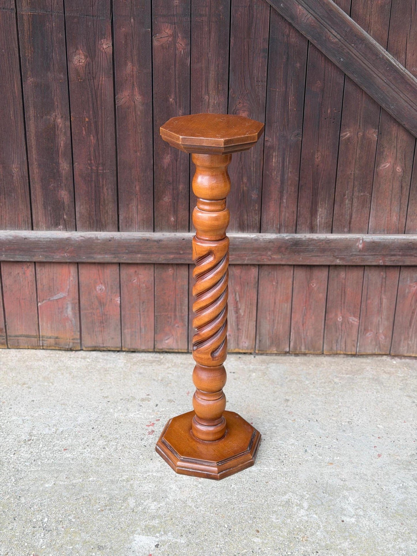 Vintage Blumenständer aus Massivholz mit gedrechselter Säule, 90 cm
