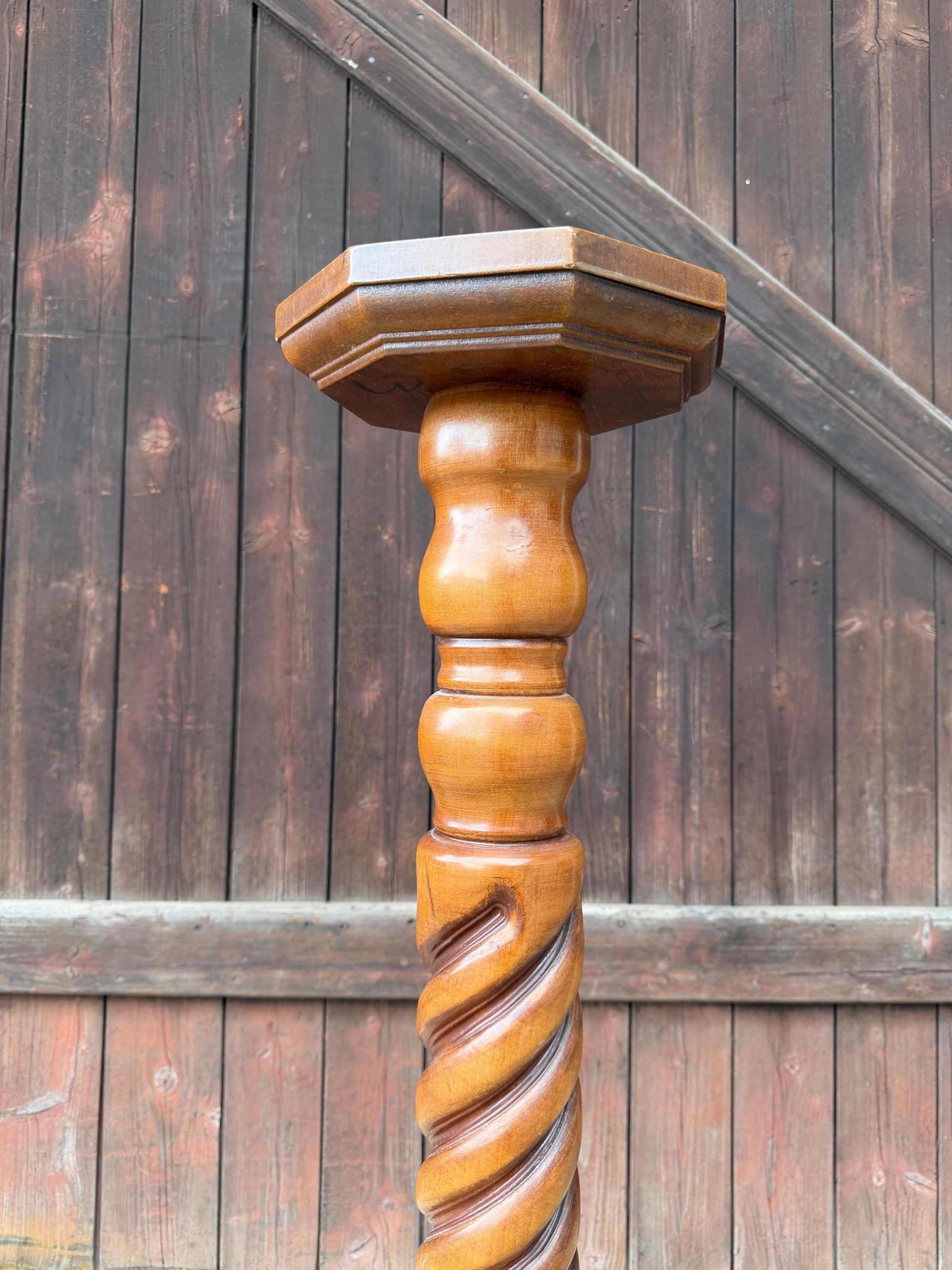 Vintage Blumenständer aus Massivholz mit gedrechselter Säule, 90 cm