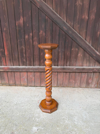 Vintage Blumenständer aus Massivholz mit gedrechselter Säule, 90 cm