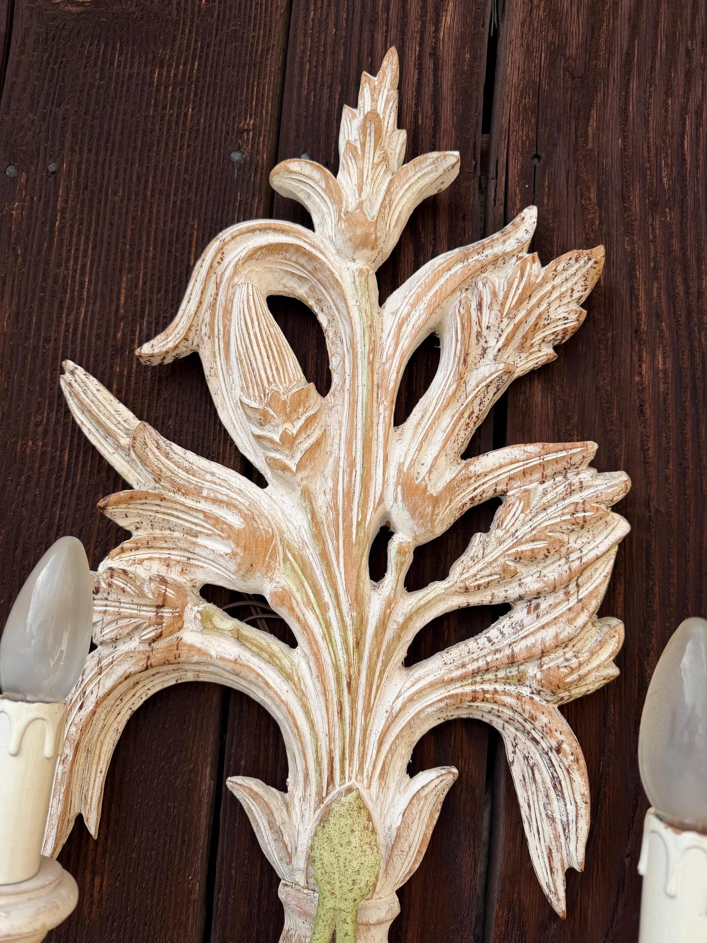 Vintage Florentine Wandlampe handgeschnitztes Holz 2-armig Shabby Chic