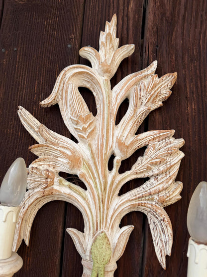 Vintage Florentine Wandlampe handgeschnitztes Holz 2-armig Shabby Chic