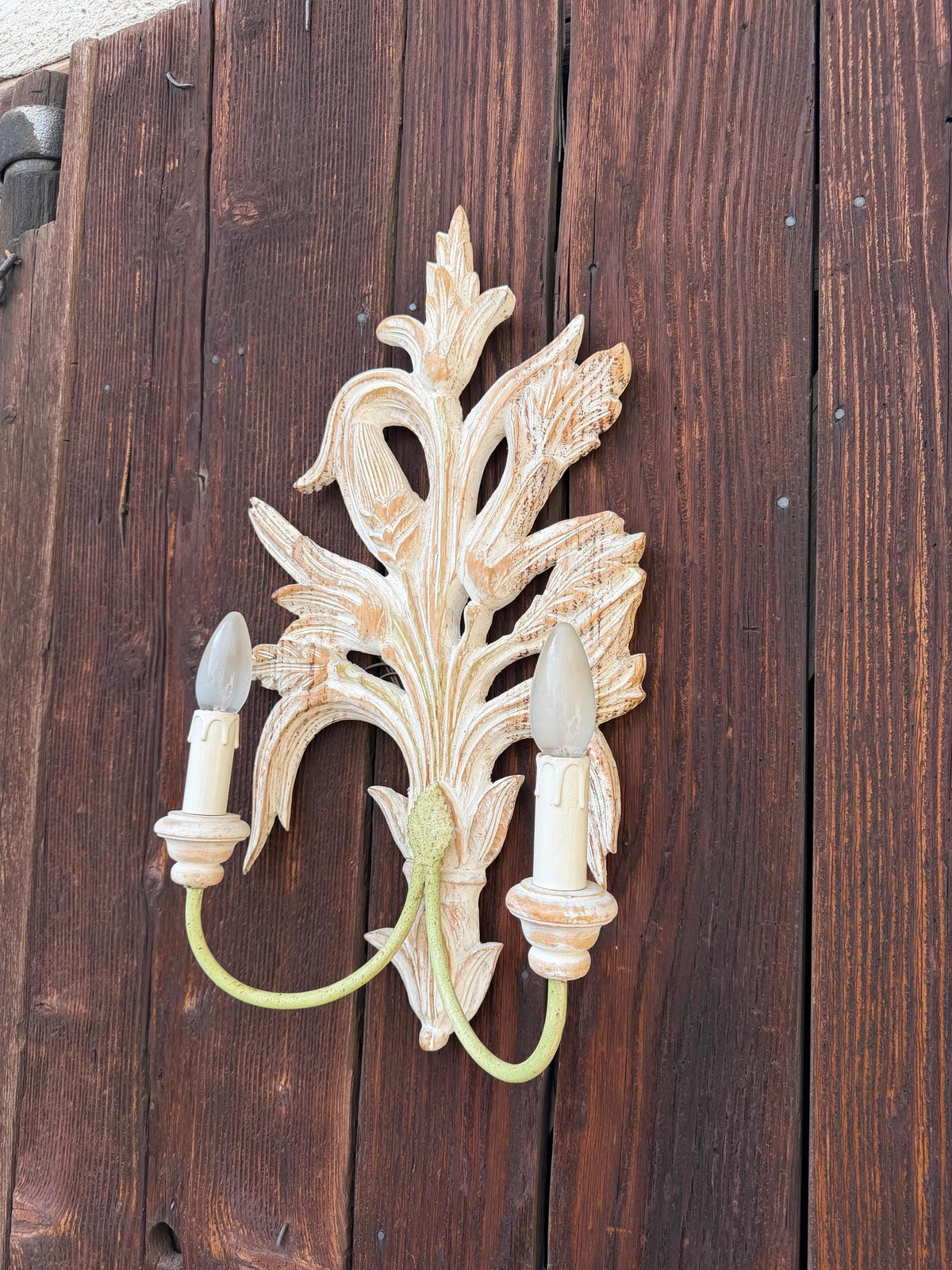 Vintage Florentine Wandlampe handgeschnitztes Holz 2-armig Shabby Chic