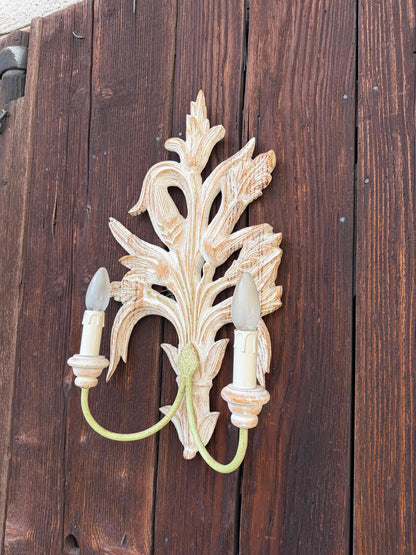 Vintage Florentine Wandlampe handgeschnitztes Holz 2-armig Shabby Chic