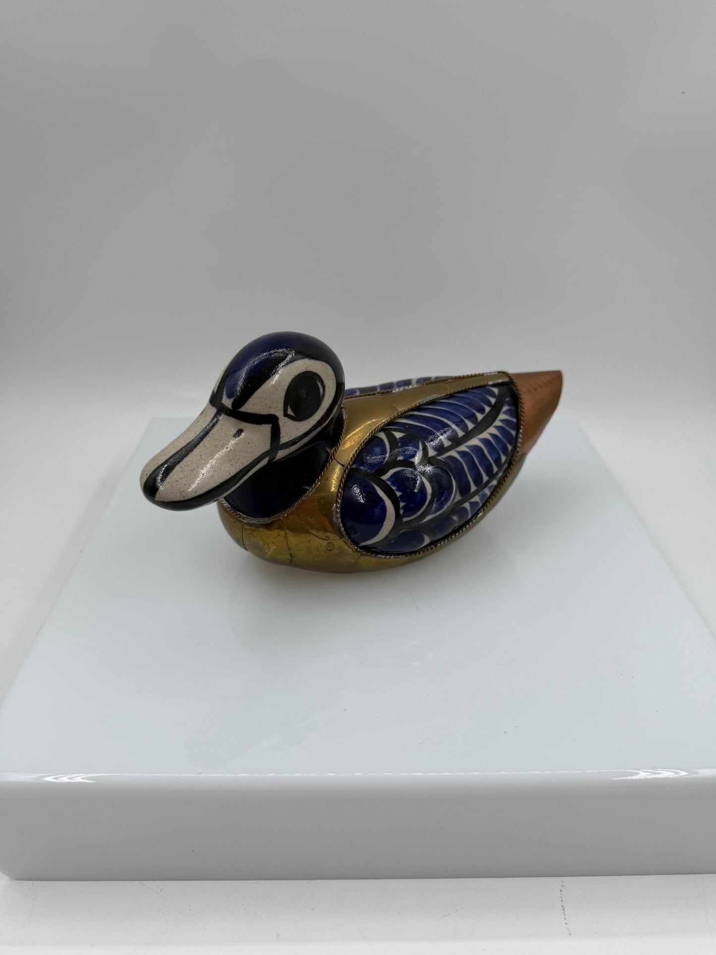 Vintage Tonalá Enten Figur aus Keramik und Messing, handbemalt, mexikanische Volkskunst
