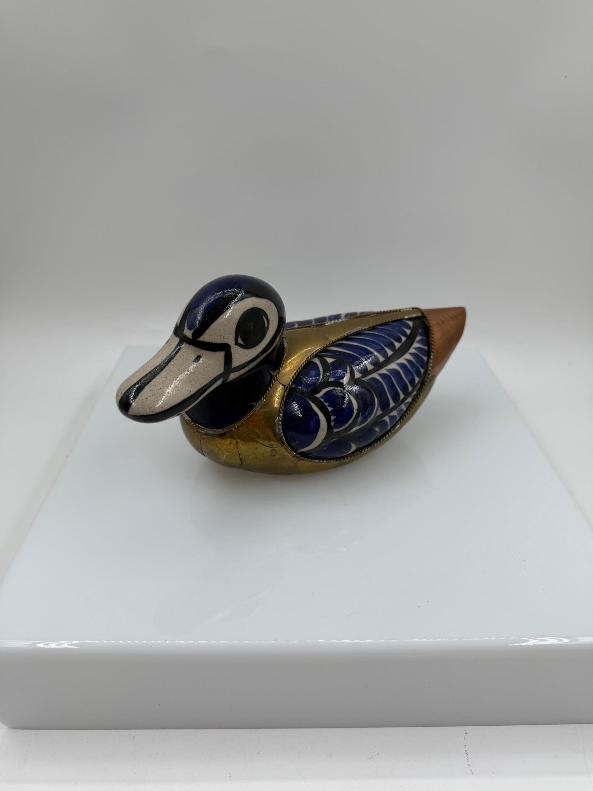 Vintage Tonalá Enten Figur aus Keramik und Messing, handbemalt, mexikanische Volkskunst