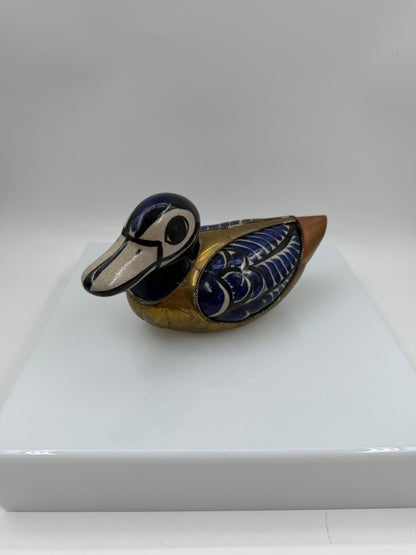 Vintage Tonalá Enten Figur aus Keramik und Messing, handbemalt, mexikanische Volkskunst