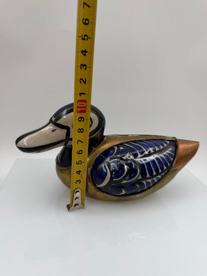 Vintage Tonalá Enten Figur aus Keramik und Messing, handbemalt, mexikanische Volkskunst