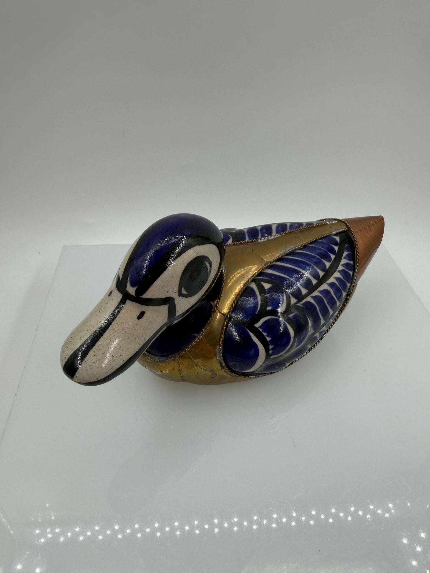 Vintage Tonalá Enten Figur aus Keramik und Messing, handbemalt, mexikanische Volkskunst