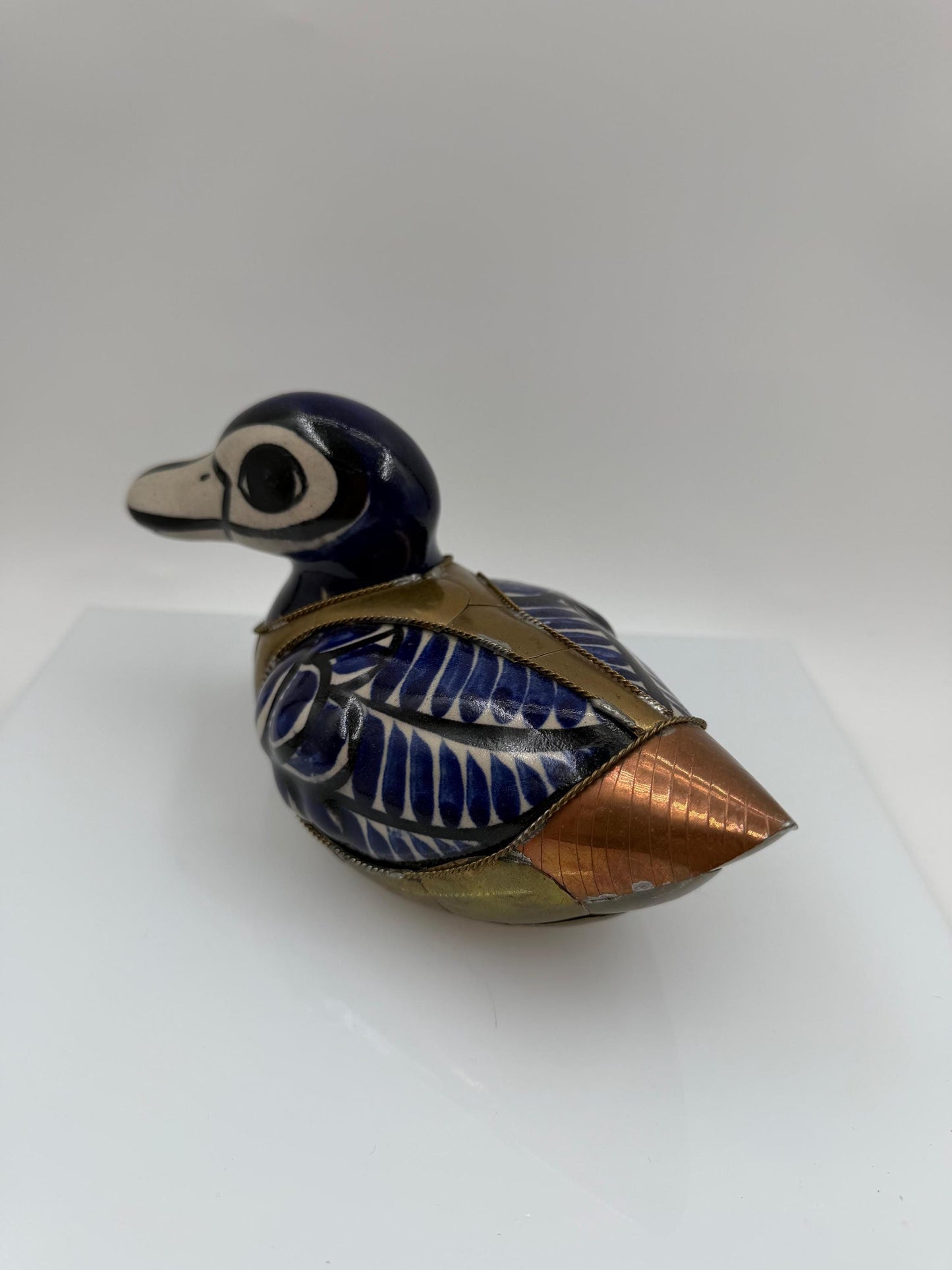 Vintage Tonalá Enten Figur aus Keramik und Messing, handbemalt, mexikanische Volkskunst