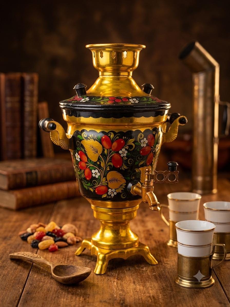 Vintage Elektrischer Samowar 3 Liter Gold-Schwarz mit Blumenmalerei