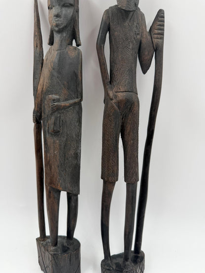 Set von 2 Vintage Krieger Skulptur aus afrikanischem Hartholz, handgeschnitzt