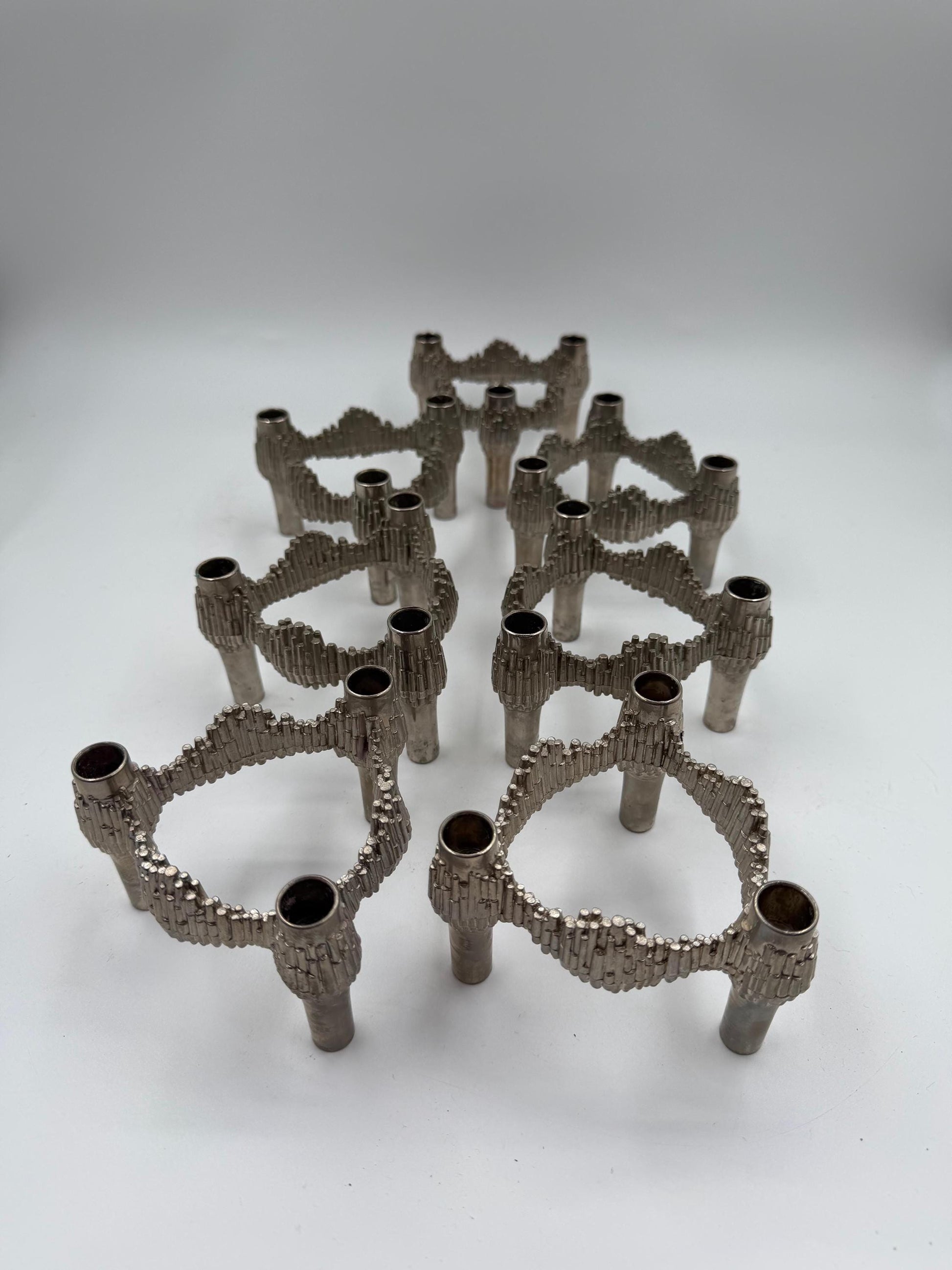 Set von 7 Vintage Kerzenhalter "Stecksystem" von Quist, brutalistisches Chrom