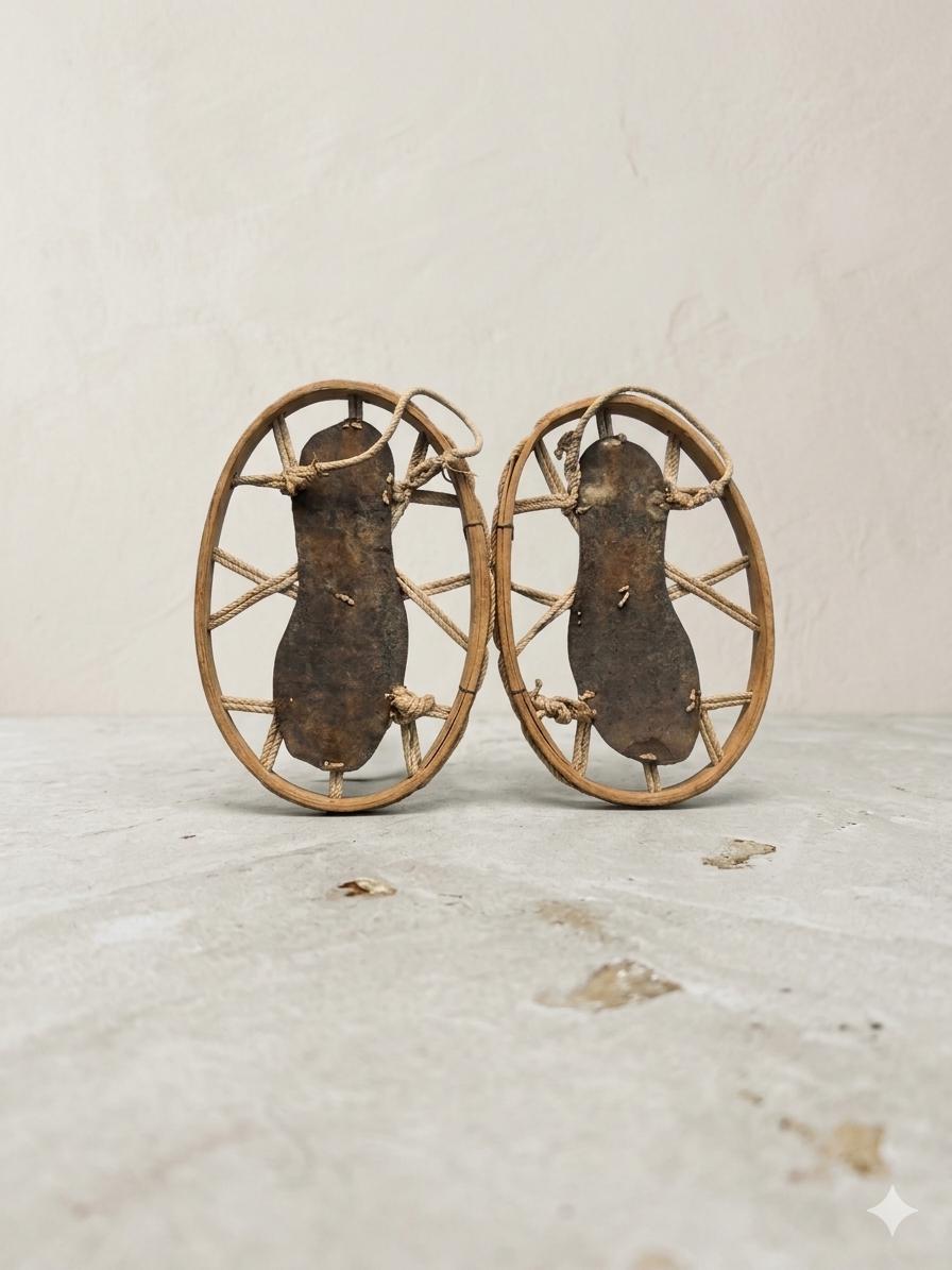 Set von 2 Vintage Schneereifen "Gebirgsjäger" aus Bugholz mit Metallplatte und Seilbindung