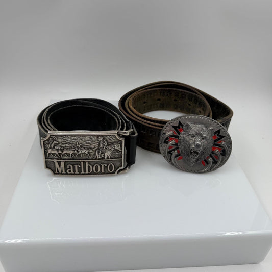 Set von 2 Vintage Ledergürtel "Marlboro" und Bärenkopf-Schnalle, Western Sammlerset
