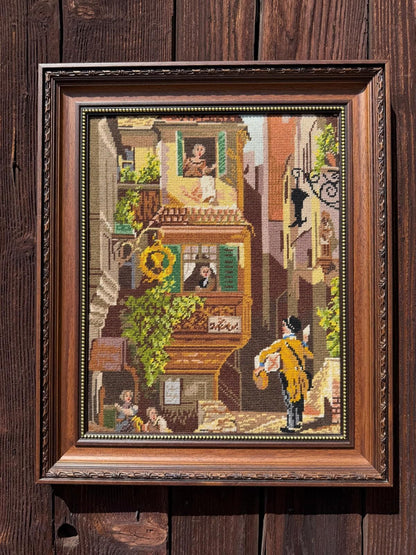 Vintage Kreuzstich Stickbild Historische Straßenszene im Holzrahmen