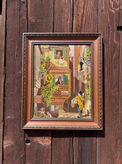 Vintage Kreuzstich Stickbild Historische Straßenszene im Holzrahmen