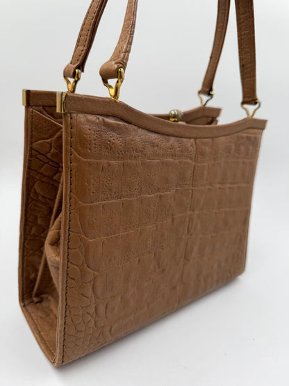 Vintage Handtasche Krokoprägung Cognacbraun Goldbeschläge