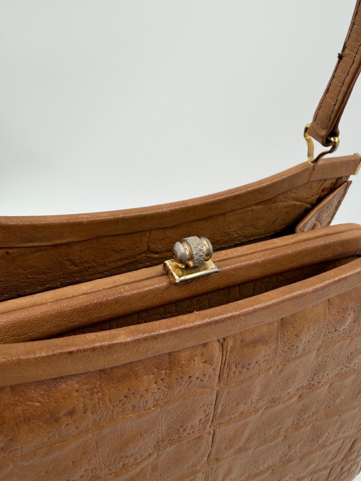 Vintage Handtasche Krokoprägung Cognacbraun Goldbeschläge