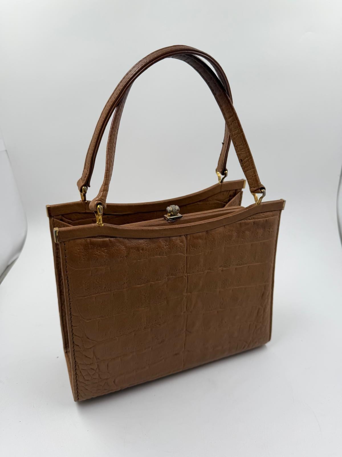 Vintage Handtasche Krokoprägung Cognacbraun Goldbeschläge