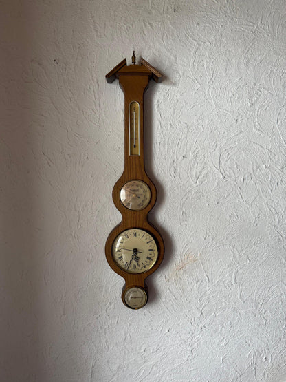 Vintage Barometer Uhr Thermometer Wetterstation aus Eichenholz
