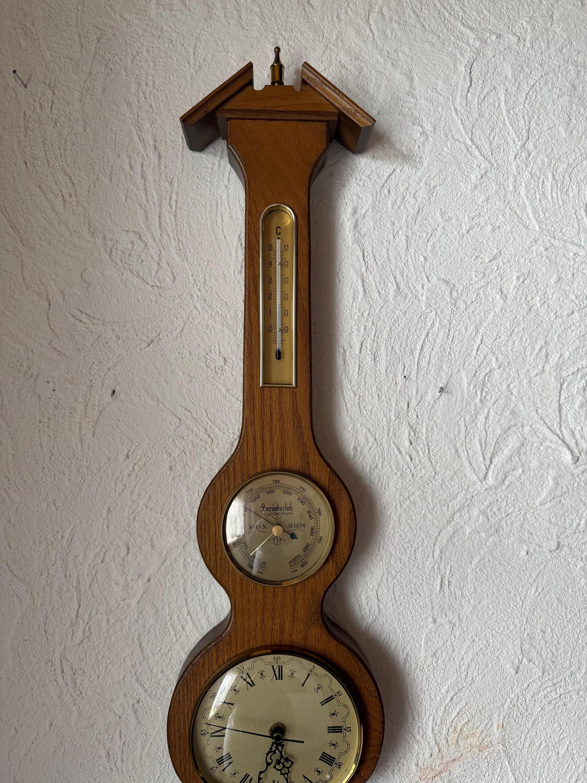 Vintage Barometer Uhr Thermometer Wetterstation aus Eichenholz