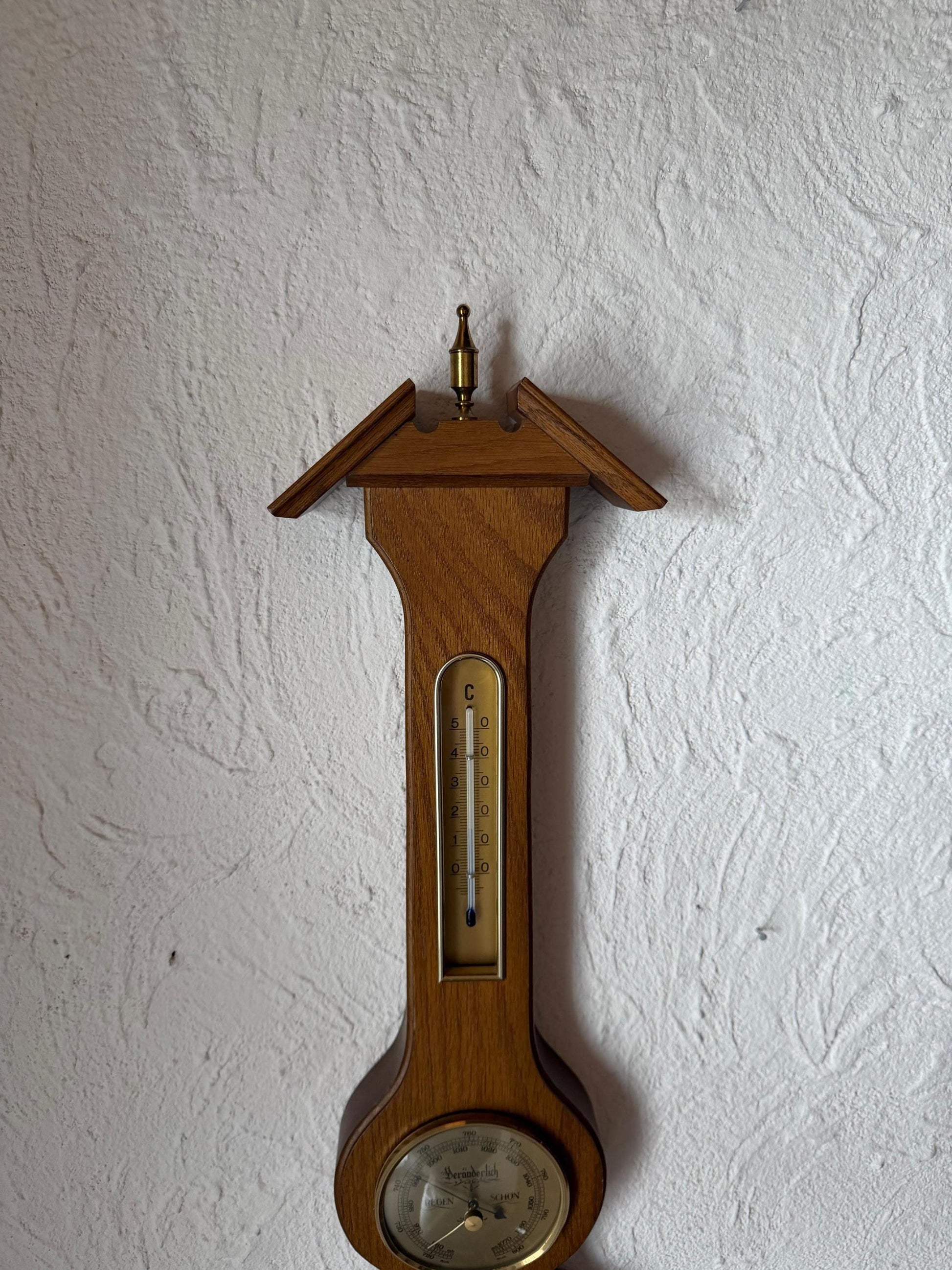 Vintage Barometer Uhr Thermometer Wetterstation aus Eichenholz