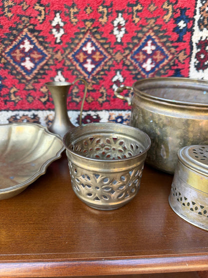 Vintage Orientalisches Messing Set 6-teilig mit Wollteppich und Kupfer Dekor