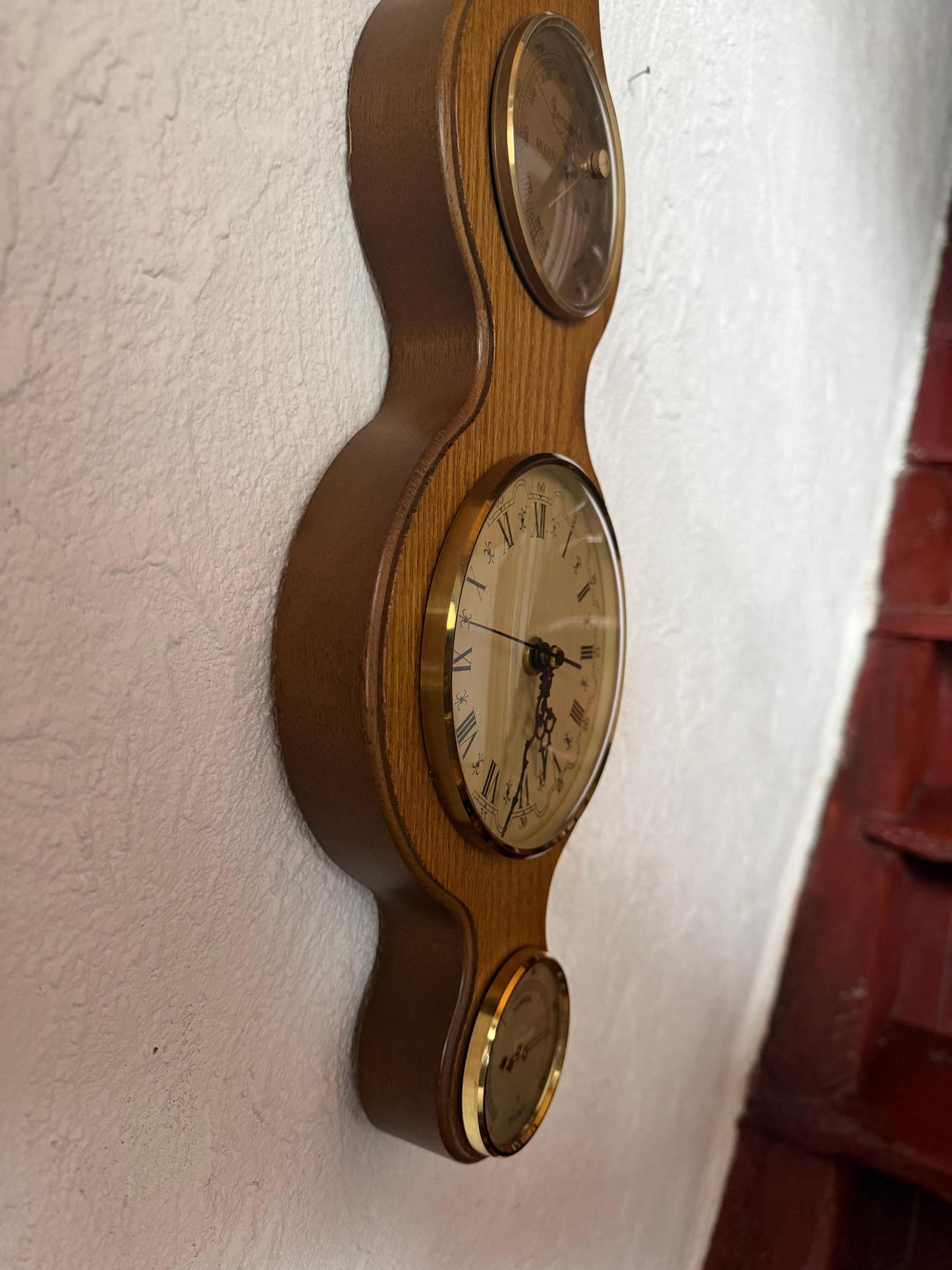 Vintage Barometer Uhr Thermometer Wetterstation aus Eichenholz
