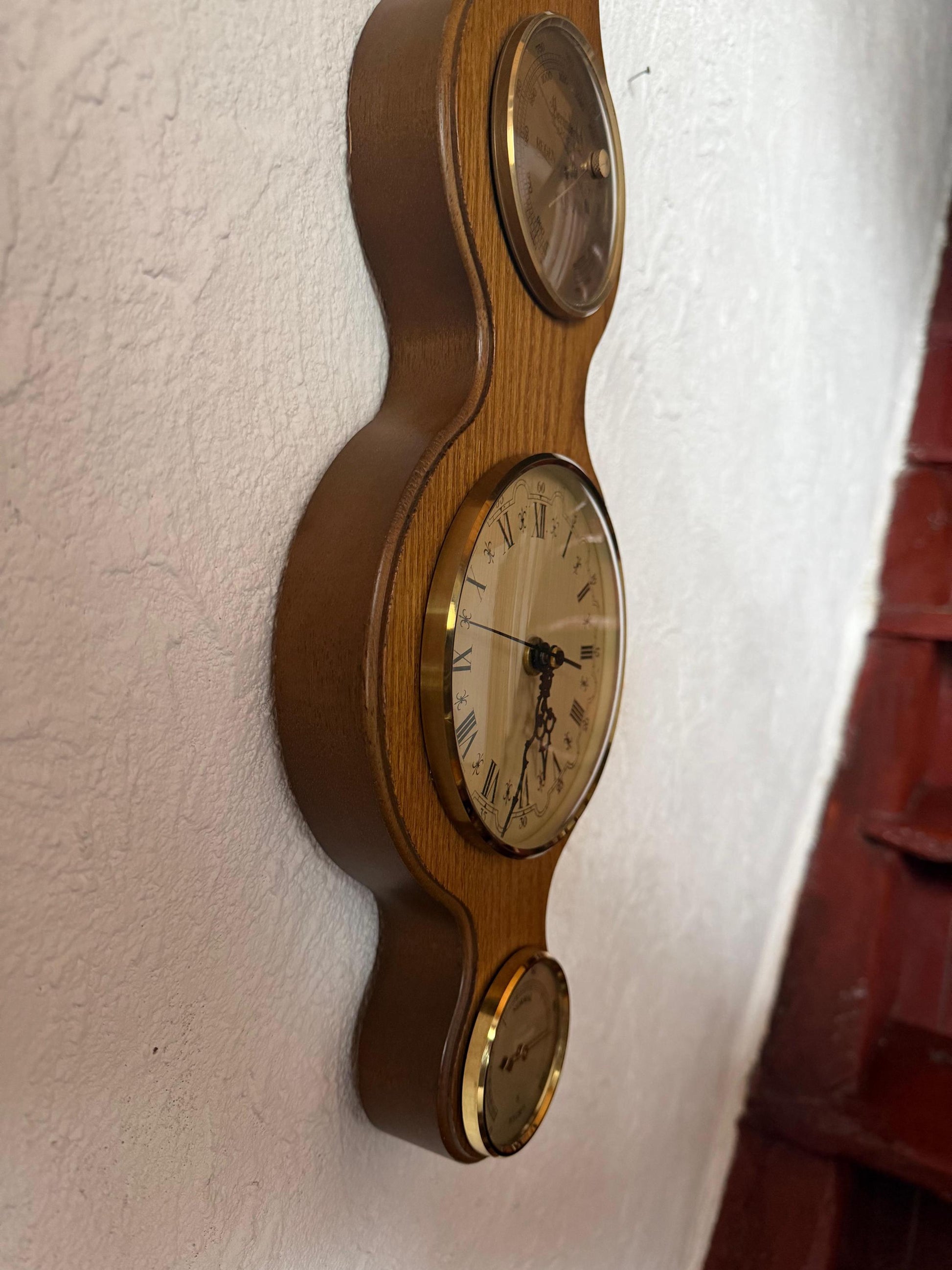 Vintage Barometer Uhr Thermometer Wetterstation aus Eichenholz