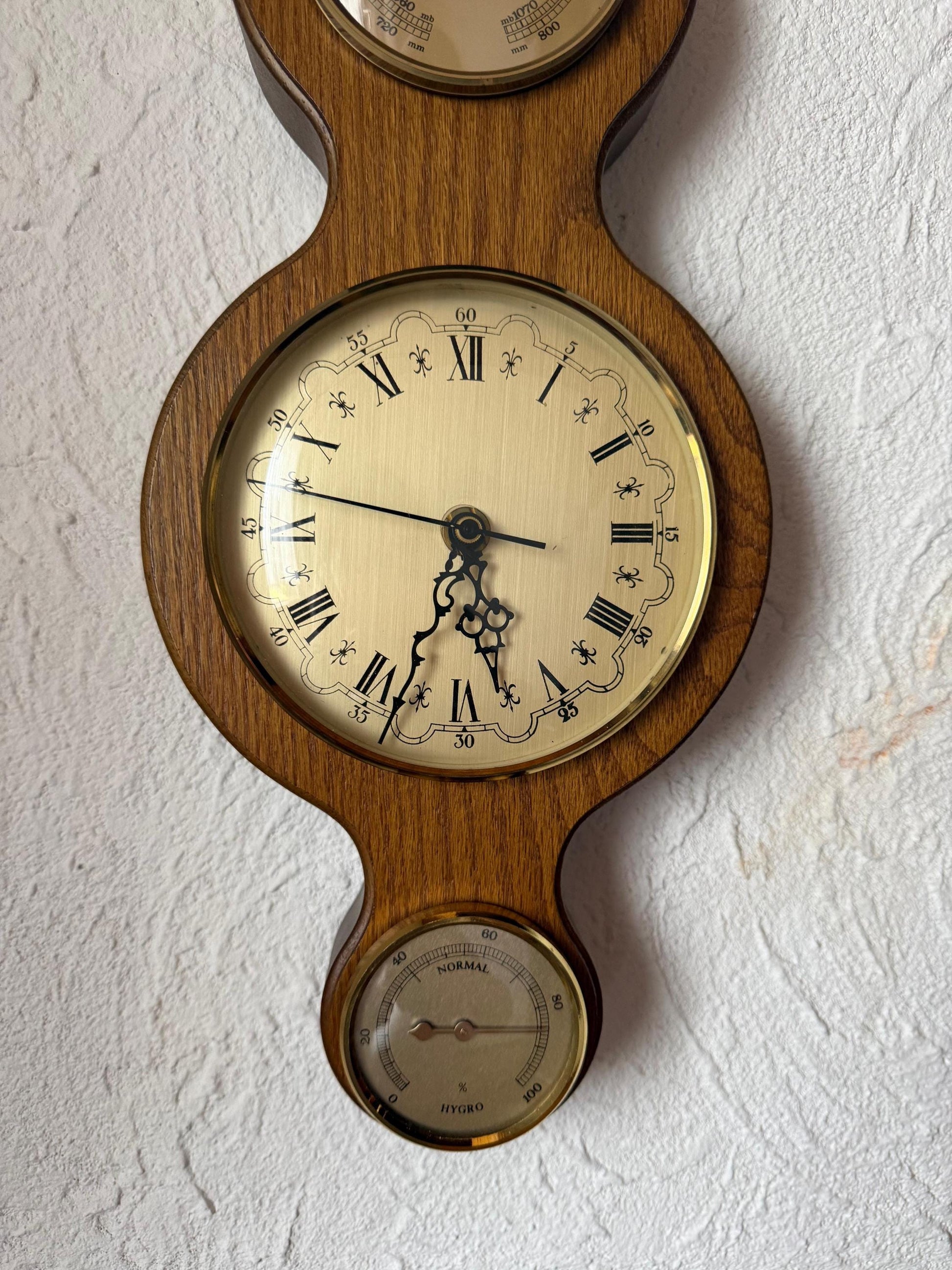 Vintage Barometer Uhr Thermometer Wetterstation aus Eichenholz