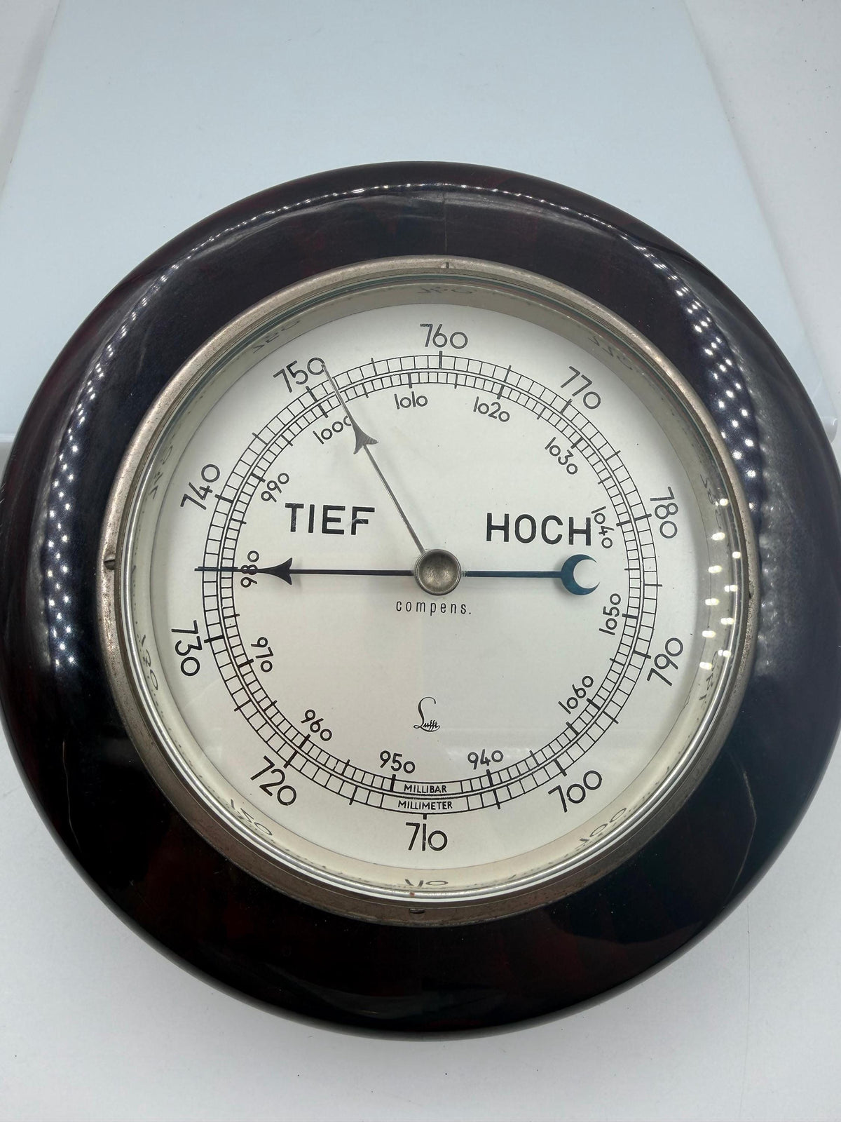 Vintage Aneroid Wandbarometer "TIEF HOCH" von Lufft, Holzgehäuse, funktionsfähig