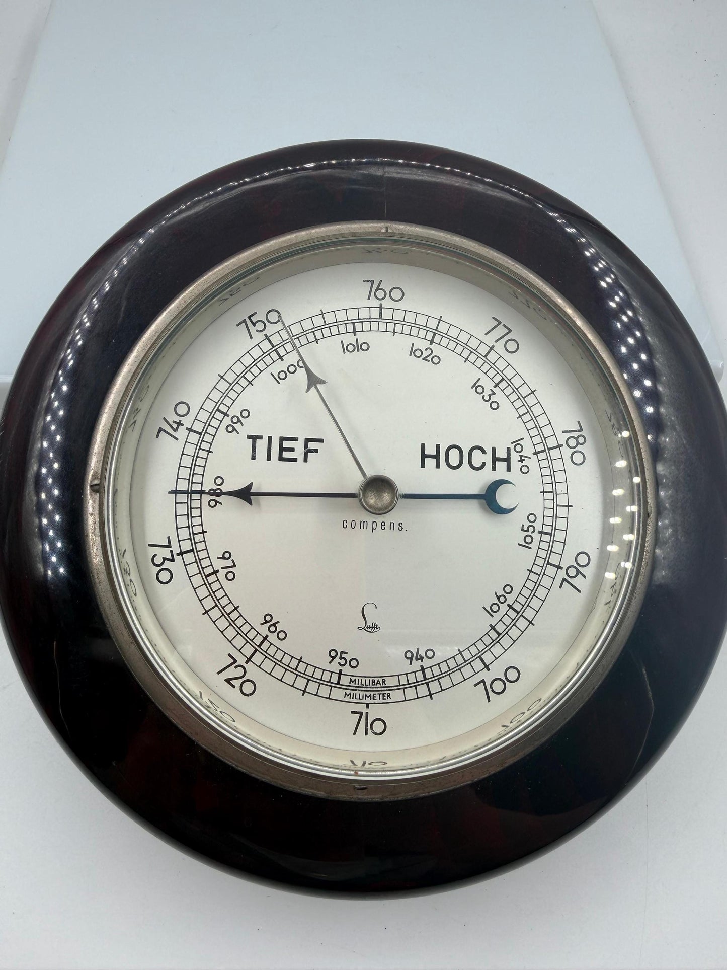 Vintage Aneroid Wandbarometer "TIEF HOCH" von Lufft, Holzgehäuse, funktionsfähig