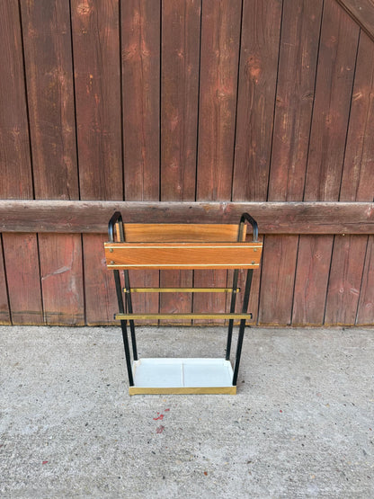 Vintage Schirmständer Mid-Century Space Age aus Holz und schwarzem Metall mit Goldakzenten