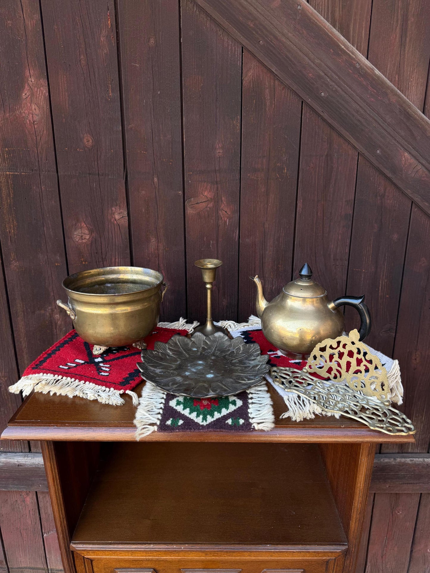 Set von 8 Vintage Orientalisches Marokkanisches Messing und Wollkelim Dekor Set