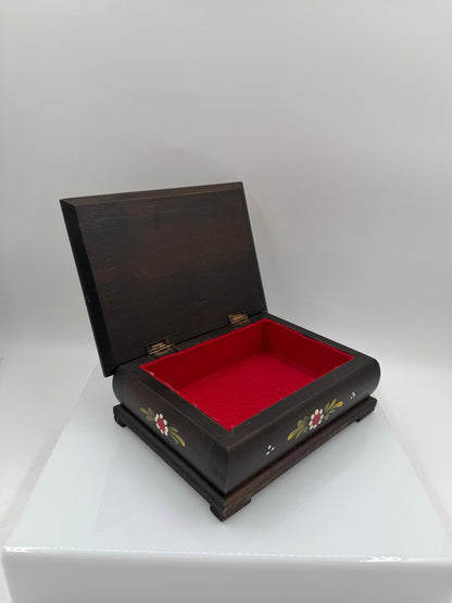 Vintage Schmuckschatulle aus Holz mit handbemaltem Blumenmotiv im Bauernmalerei Stil