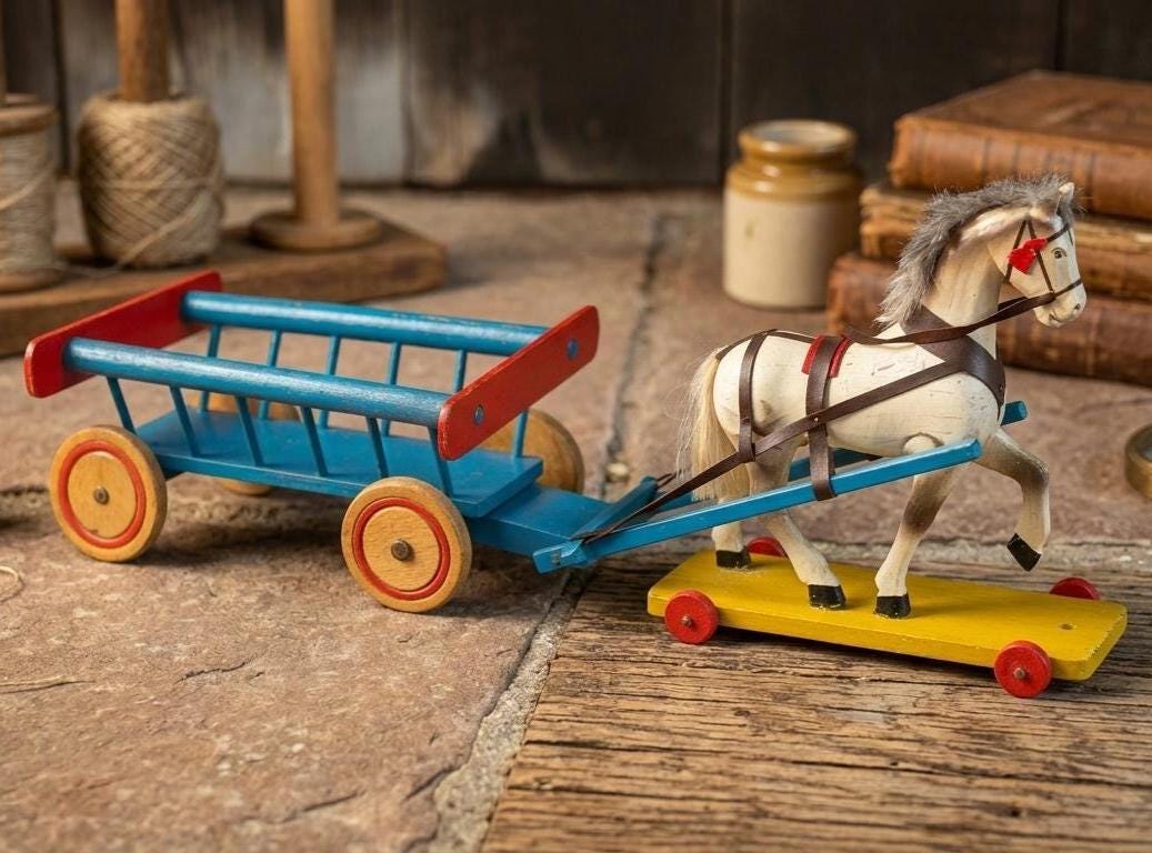Vintage Holzspielzeug Pferd und Kutsche auf Rädern um 1950