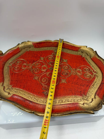 Set von 2 Vintage Florentinisches Tablett Rot Gold Barock aus Kunststoff Made in Italy