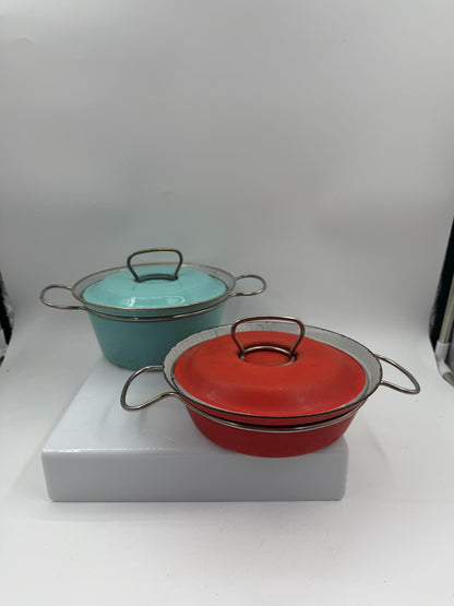Set von 2 Vintage Emaille Kochtopf in Türkis und Rot