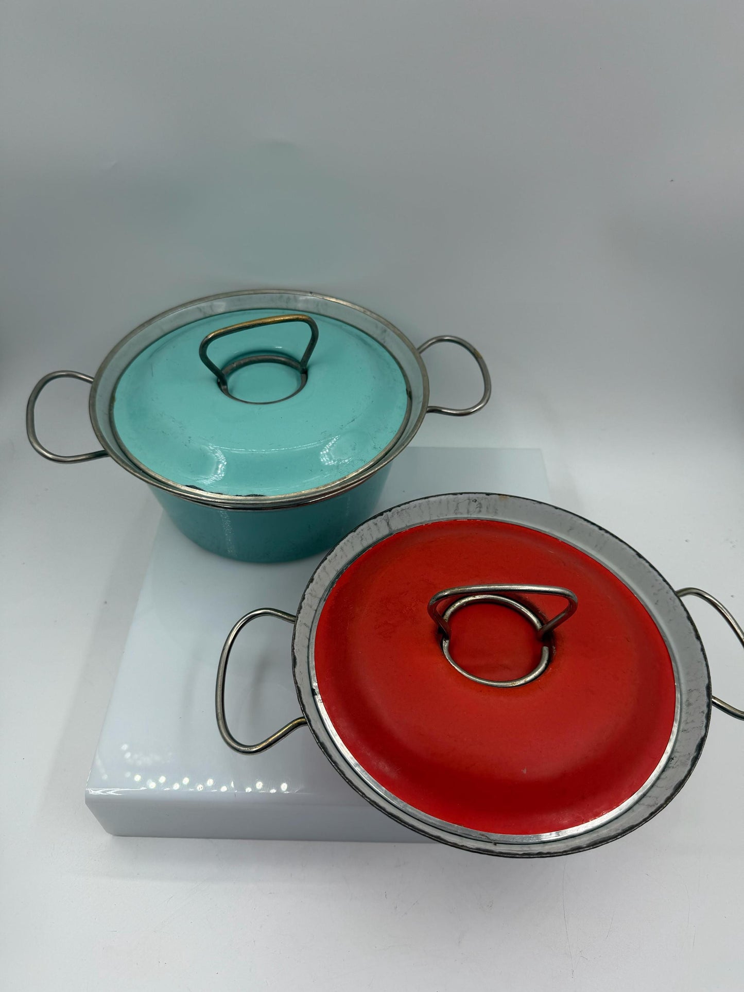 Set von 2 Vintage Emaille Kochtopf in Türkis und Rot