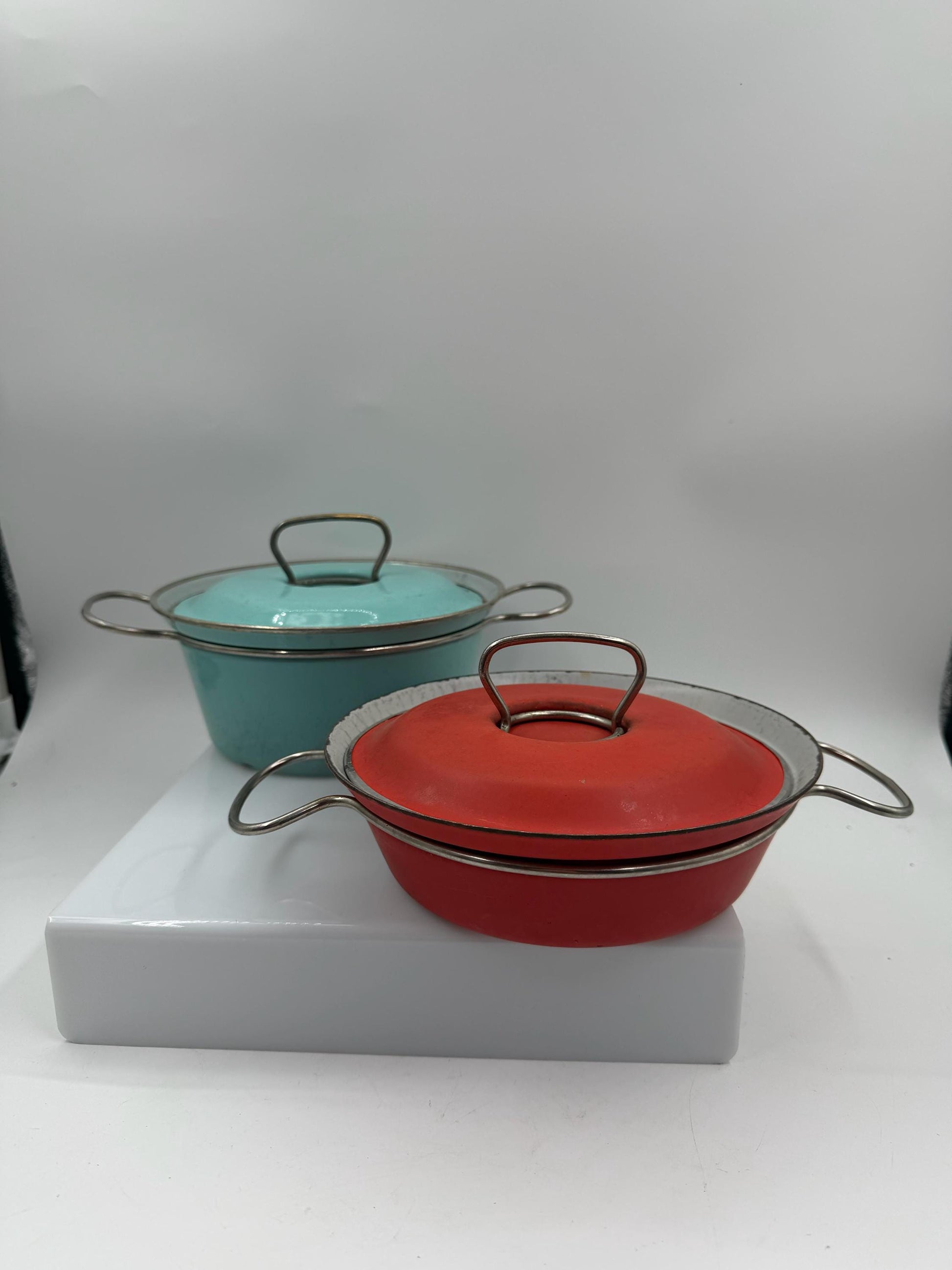 Set von 2 Vintage Emaille Kochtopf in Türkis und Rot
