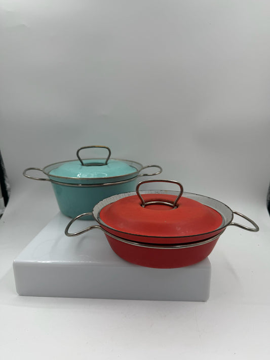 Set von 2 Vintage Emaille Kochtopf in Türkis und Rot